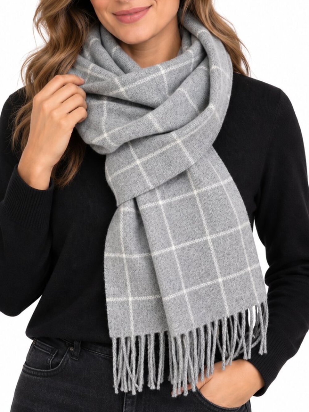LINEA EMMETI NWT Italian Fine Merino Wool Knit Scarf Wrap Grey Plaid Unisex